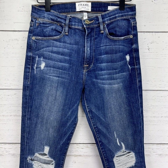 Frame Jeans 27 Le High Skinny Ankle Slit Dark Wash Denim Distressed High Rise - Picture 3 of 16
